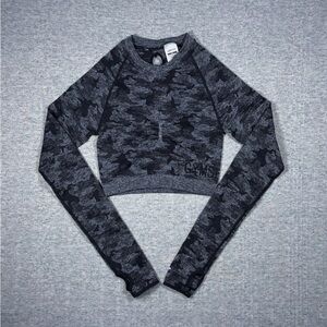 Gym Shark Adapt Crop Top Women’s Size Small Gray Black Camo Seamless Long Sleeve